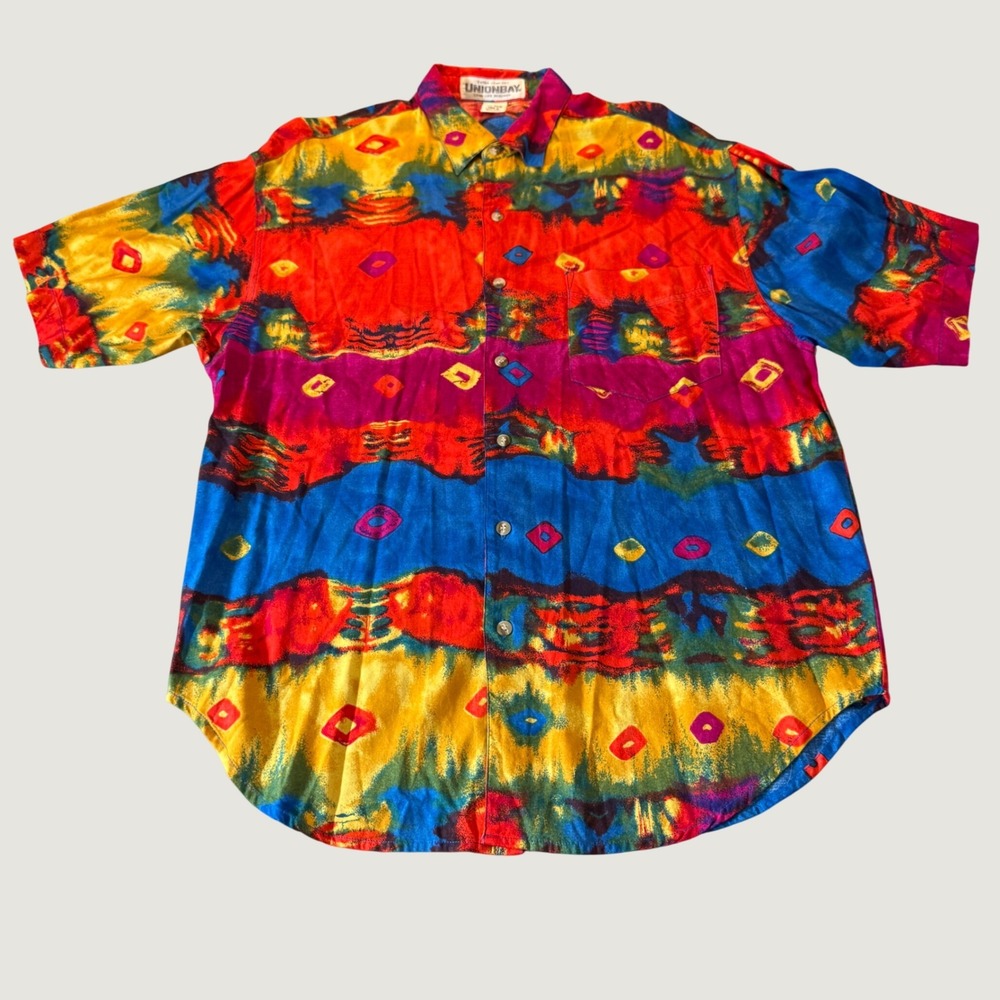 Vtg Unionbay Men Shirt S Multicolor Abstract Geometric Rayon Button Up 90s Retro